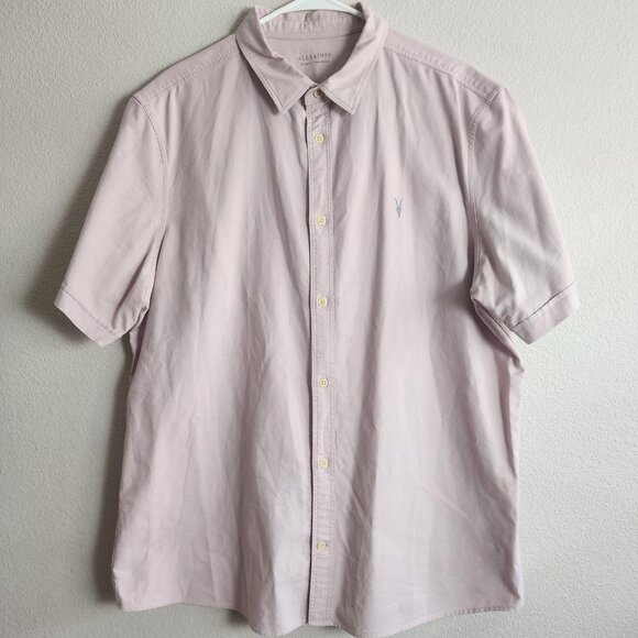 AllSaints Shirt Mens 2XL Light Pink Huntingdon Short Sleeve Button Up Ramskull - Picture 1 of 11